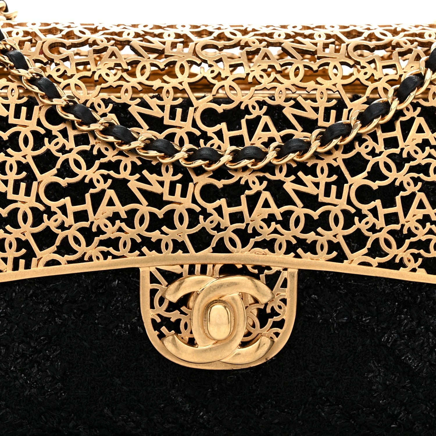 Metal Tweed Logo CC Minaudiere Flap Bag Black Gold