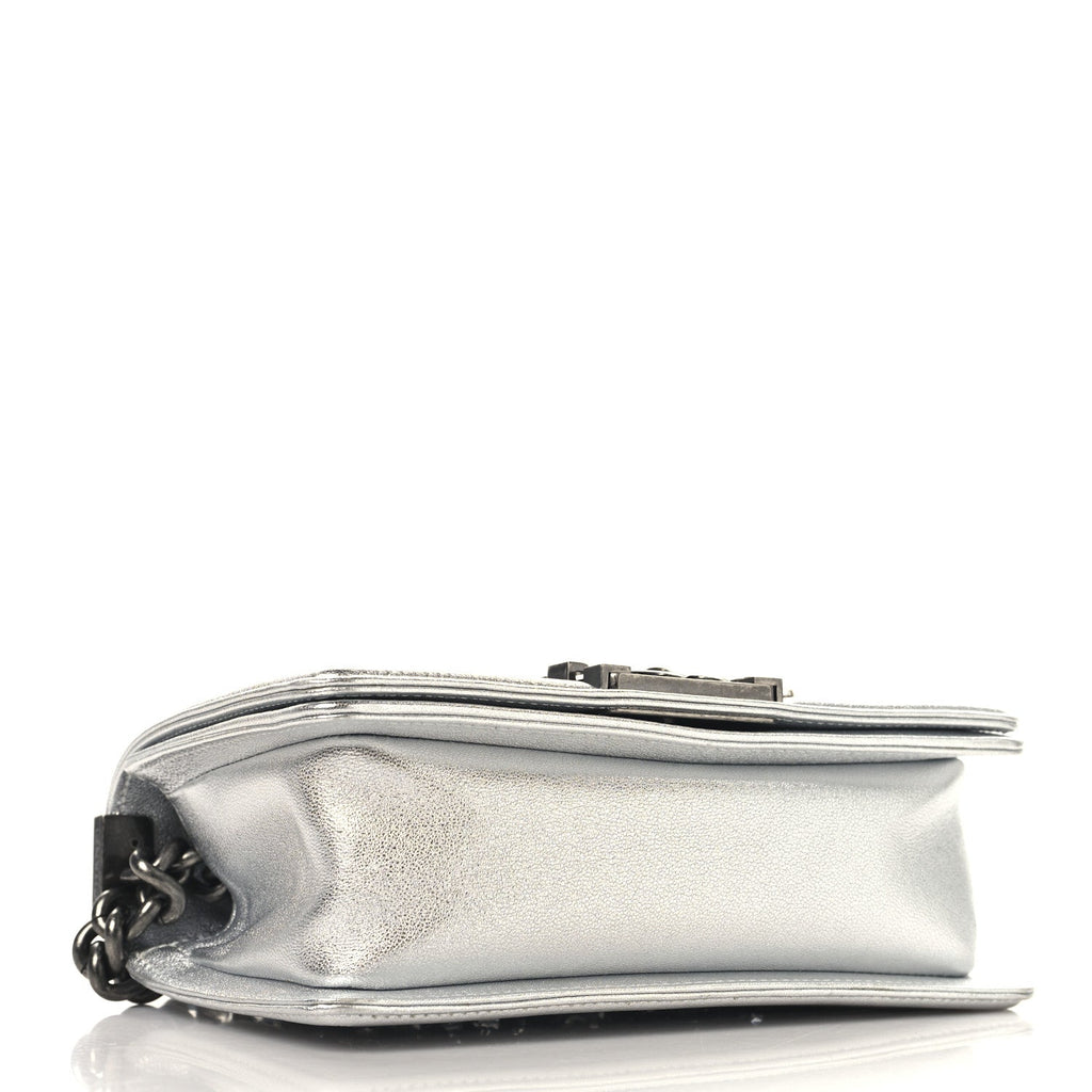 Metallic Calfskin Crystal Embroidered Small Boy Flap Silver