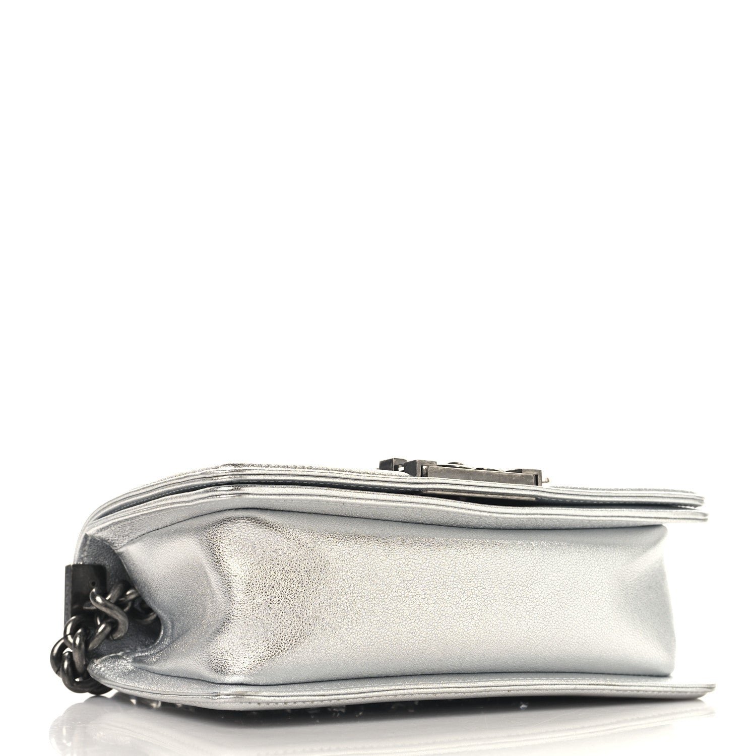 Metallic Calfskin Crystal Embroidered Small Boy Flap Silver