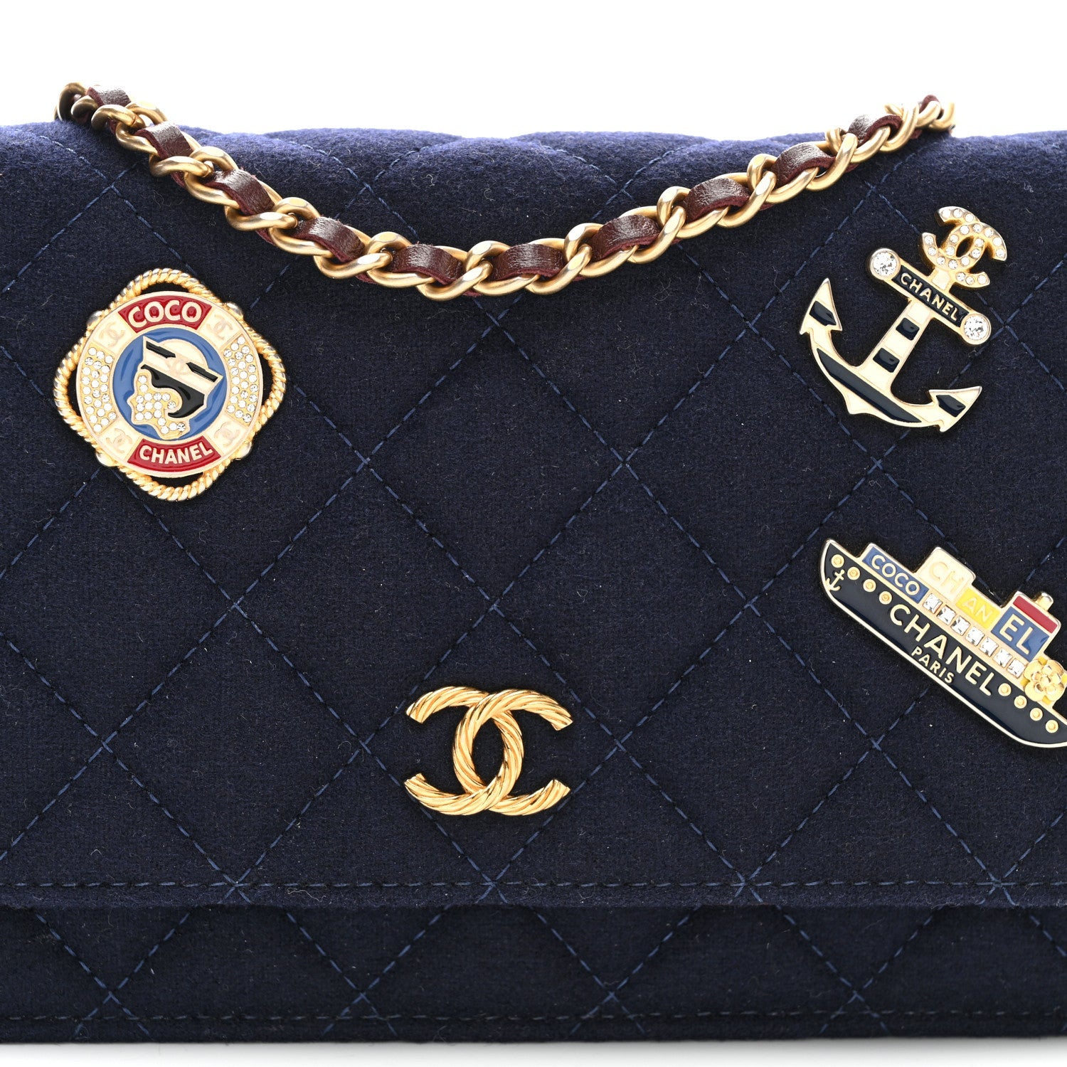 Felt Quilted Paris-Hamburg Charms Wallet On Chain WOC Dark Navy