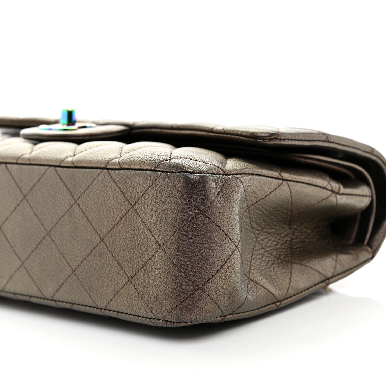 Iridescent Goatskin Quilted Medium Double Flap Bronze
