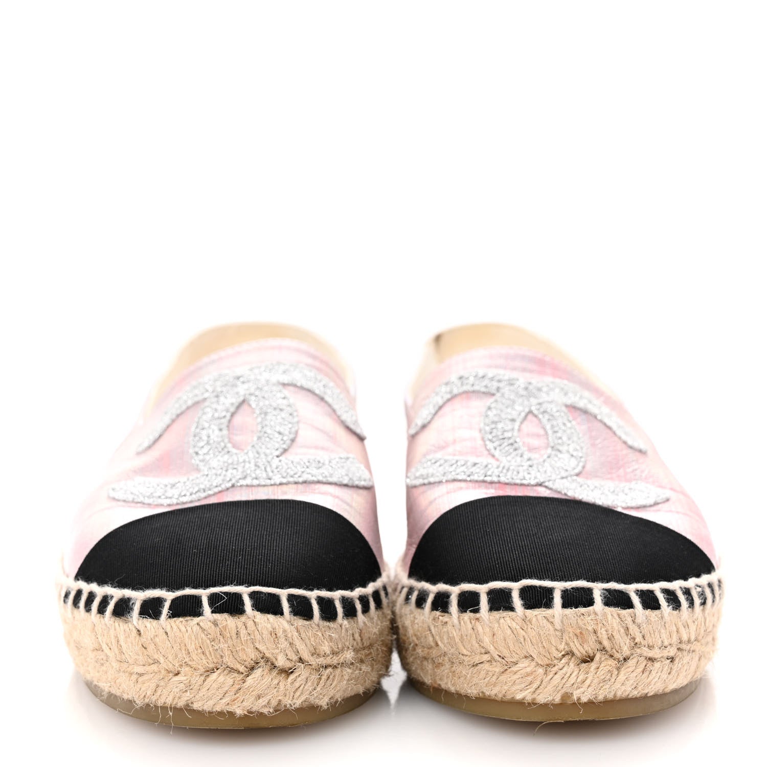 Laminated Lambskin Grosgrain Embroidered CC Espadrilles 39 Pink Silver Black
