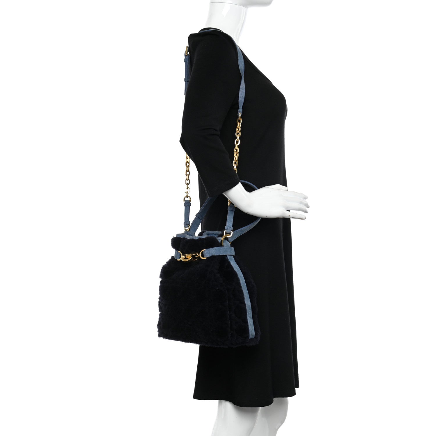 Shearling Suede C'est Dior Cannage Bucket Bag Navy