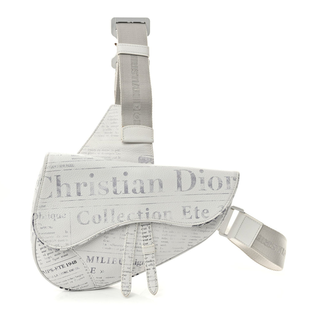 X DANIEL ARSHAM Grained Calfskin Newspaper Print Saddle Bag White