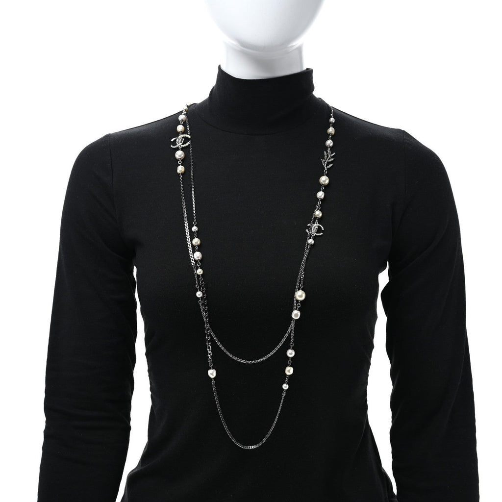 Pearl Crystal CC Leaf Long Necklace Silver