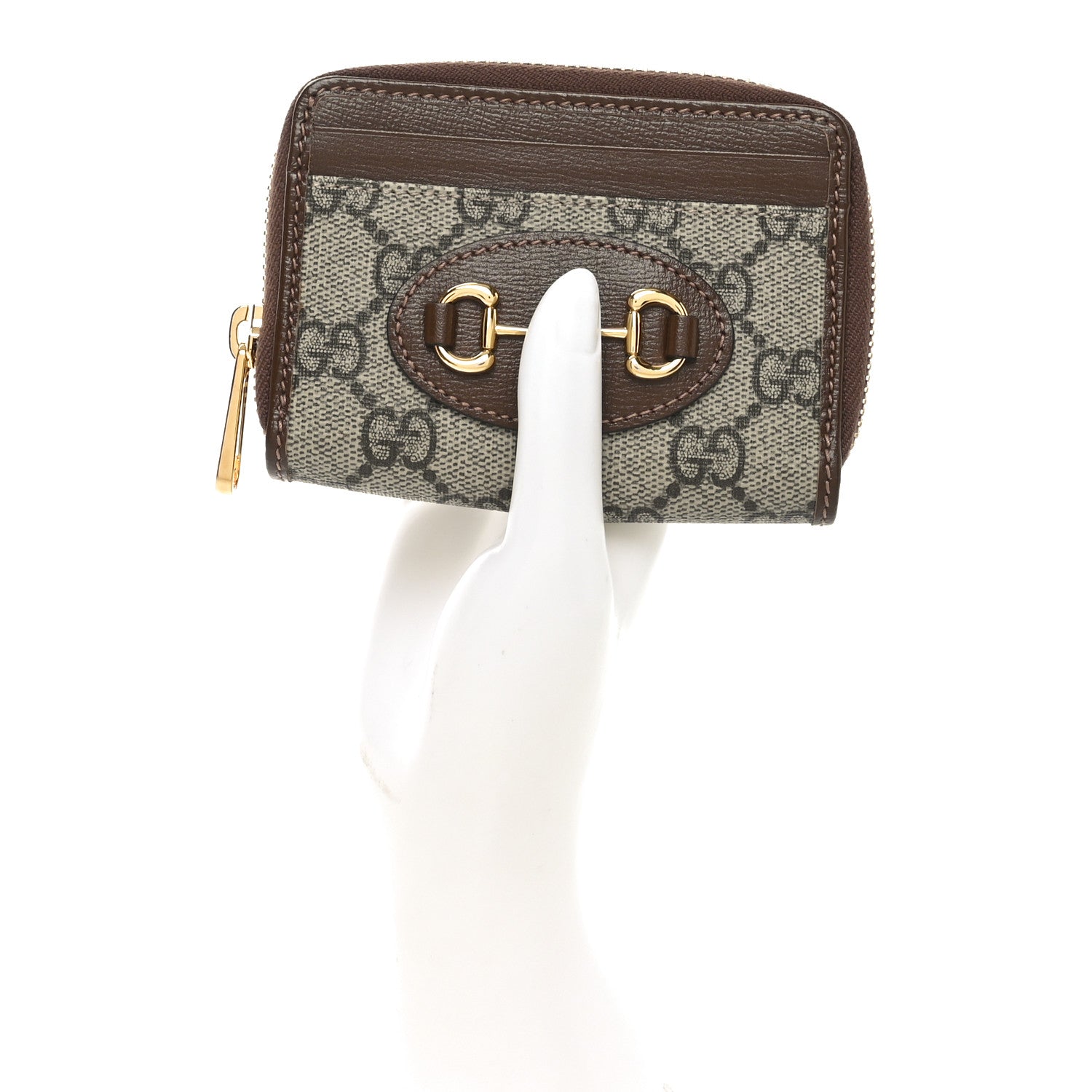 GG Supreme Monogram Azalea Calfskin Horsebit 1955 Zip Around ID  Case Wallet Beige Ebony Brown Sugar