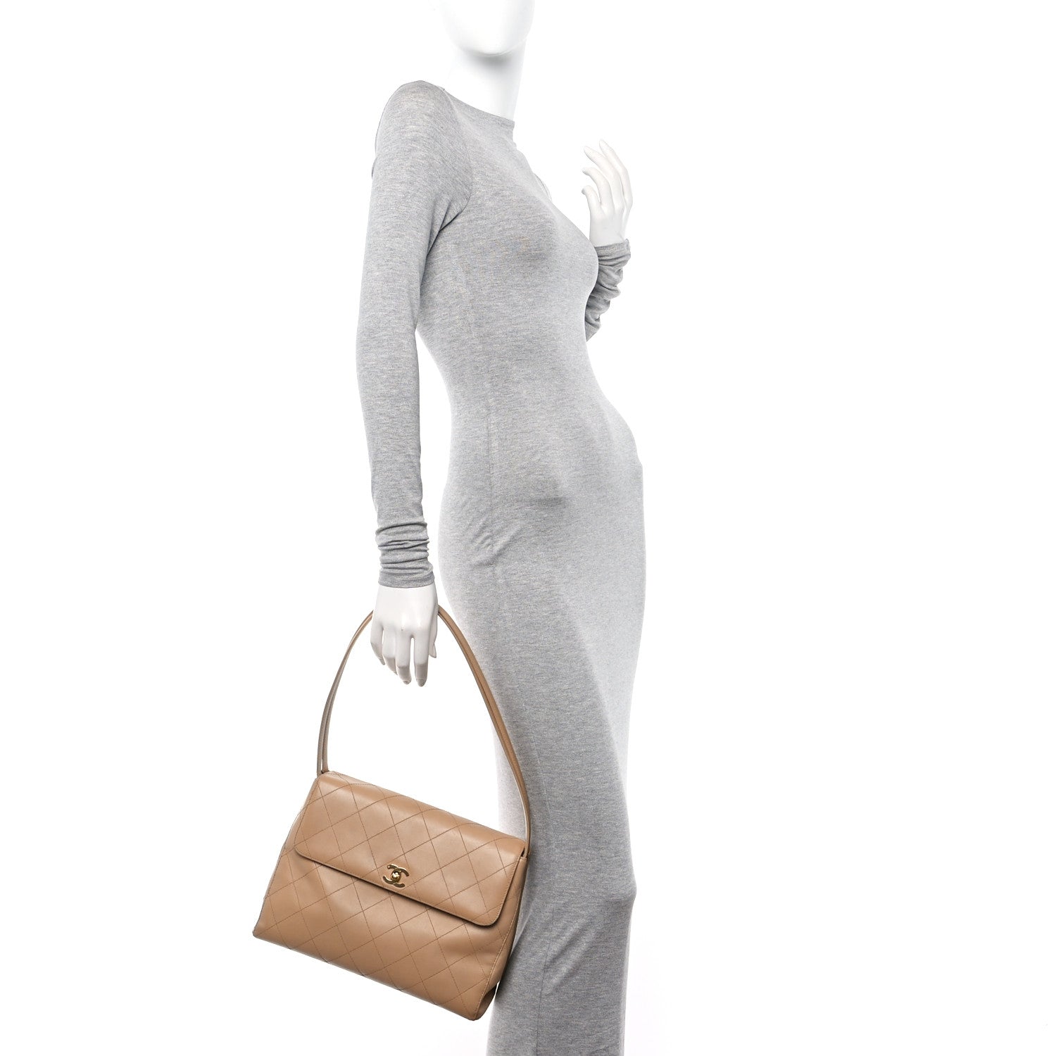 Caviar Stitched Shoulder Flap Bag Beige
