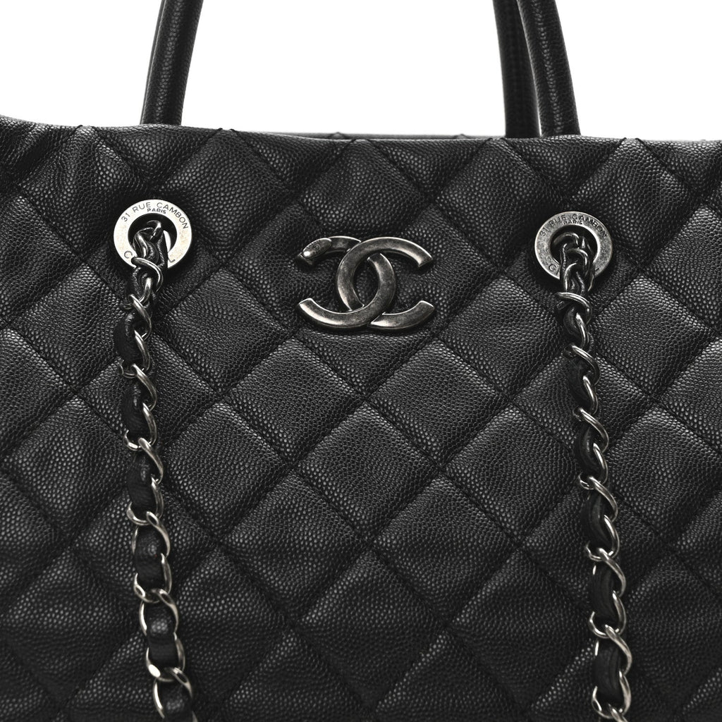 Caviar Quilted Large Coco Handle Shopping Tote Black