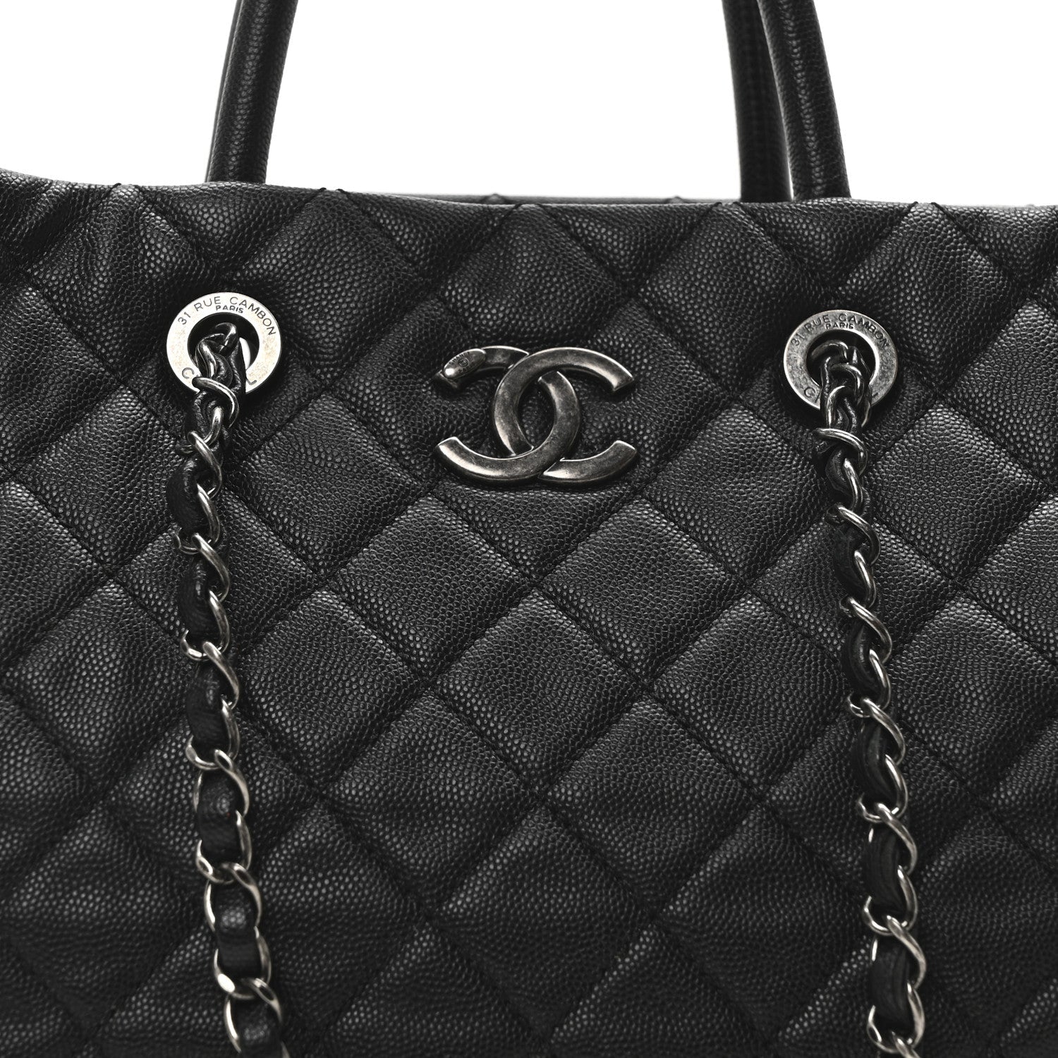 Caviar Quilted Large Coco Handle Shopping Tote Black
