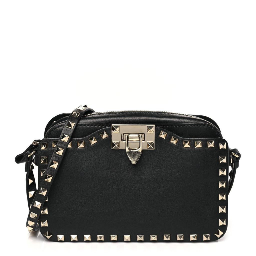 Grained Calfskin Rockstud Flip Lock Camera Crossbody Bag Black