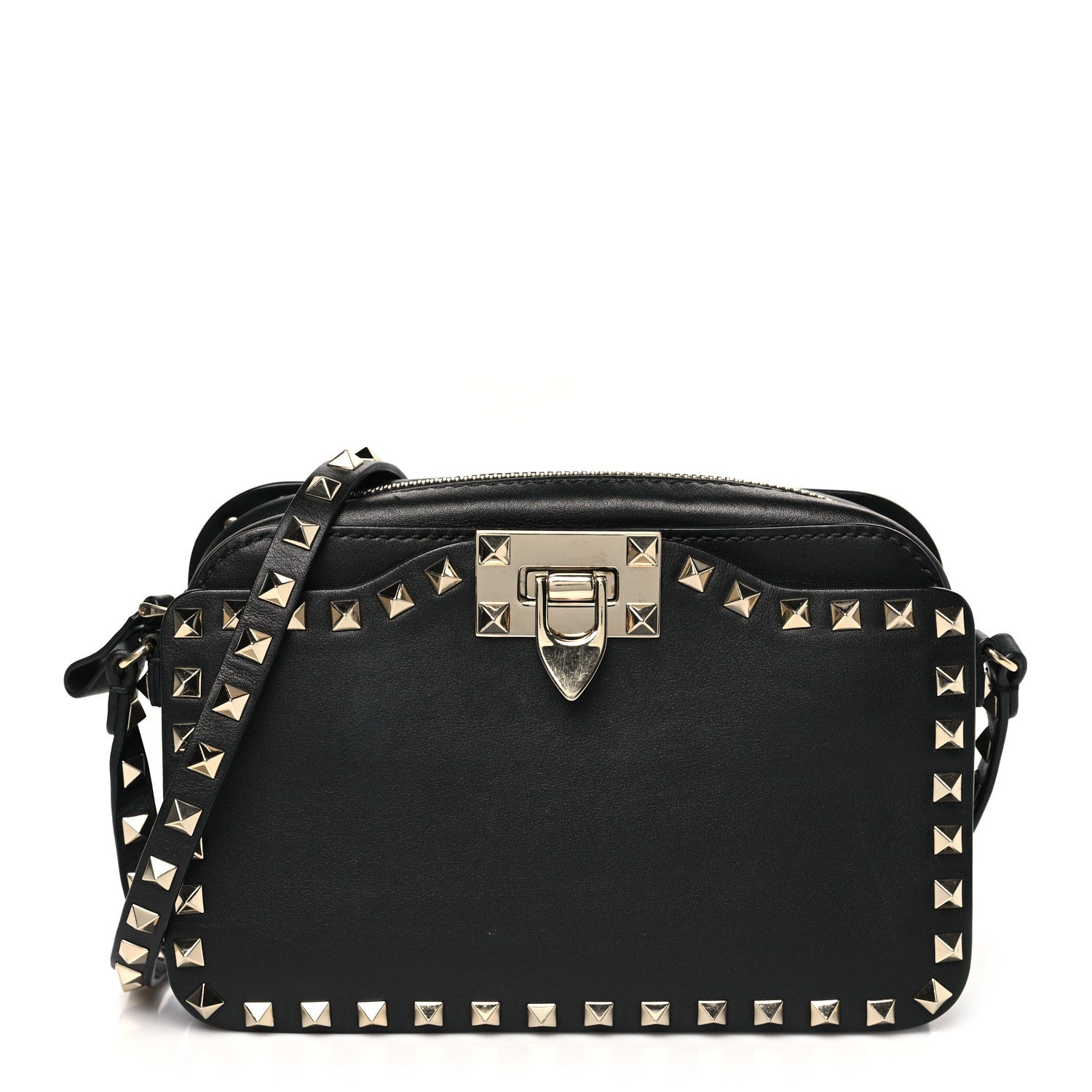 Grained Calfskin Rockstud Flip Lock Camera Crossbody Bag Black