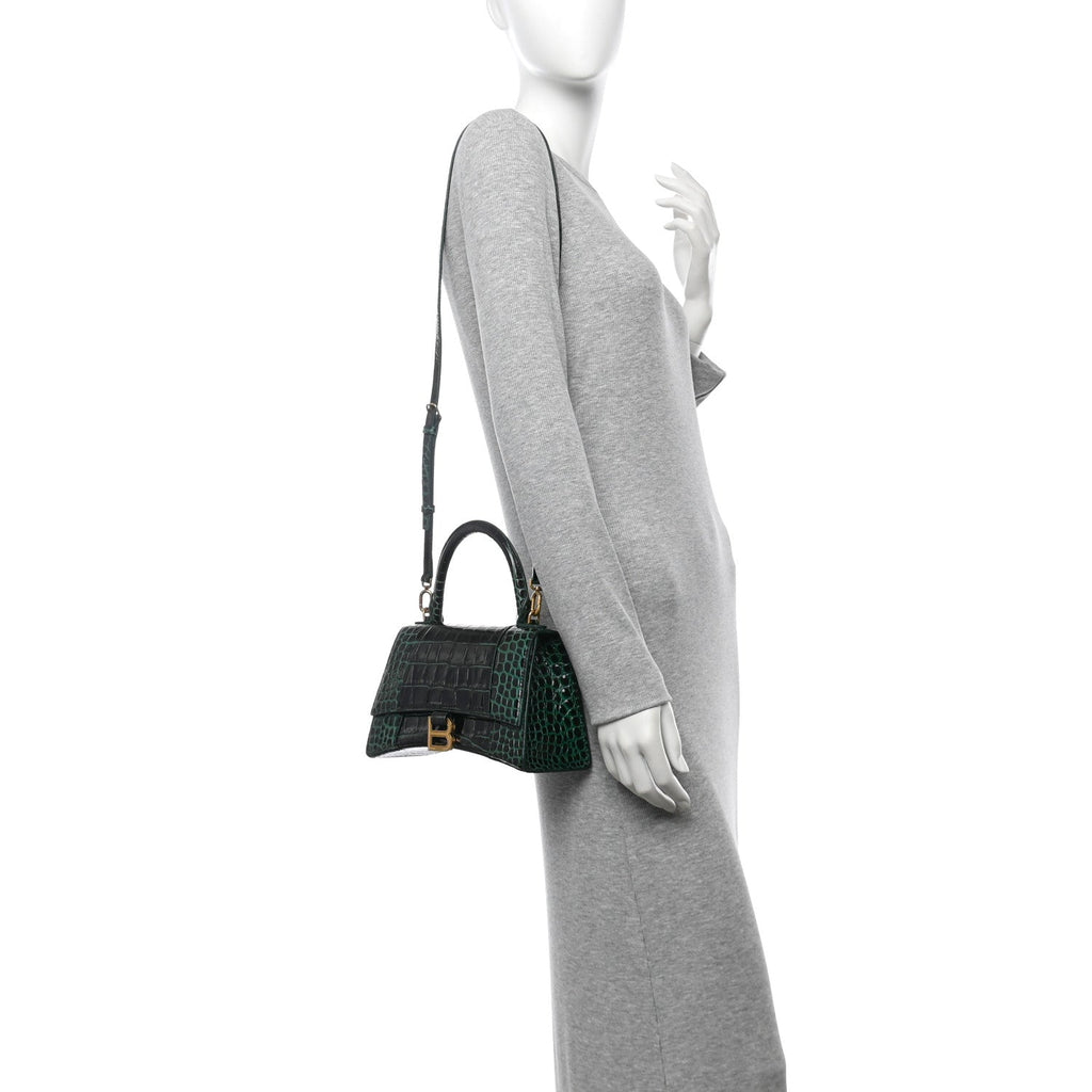 Shiny Calfskin Crocodile Embossed Small Hourglass Top Handle Bag Forest Green