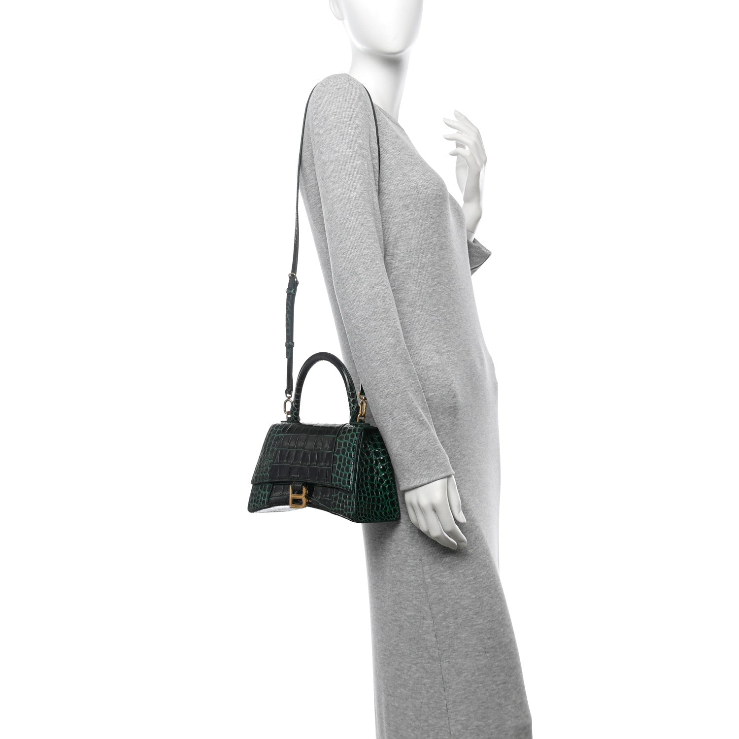 Shiny Calfskin Crocodile Embossed Small Hourglass Top Handle Bag Forest Green