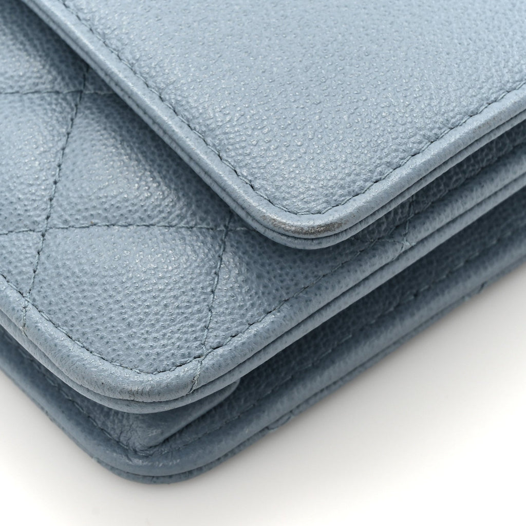 Grained Calfskin Quilted CC Box Wallet On Chain WOC Blue