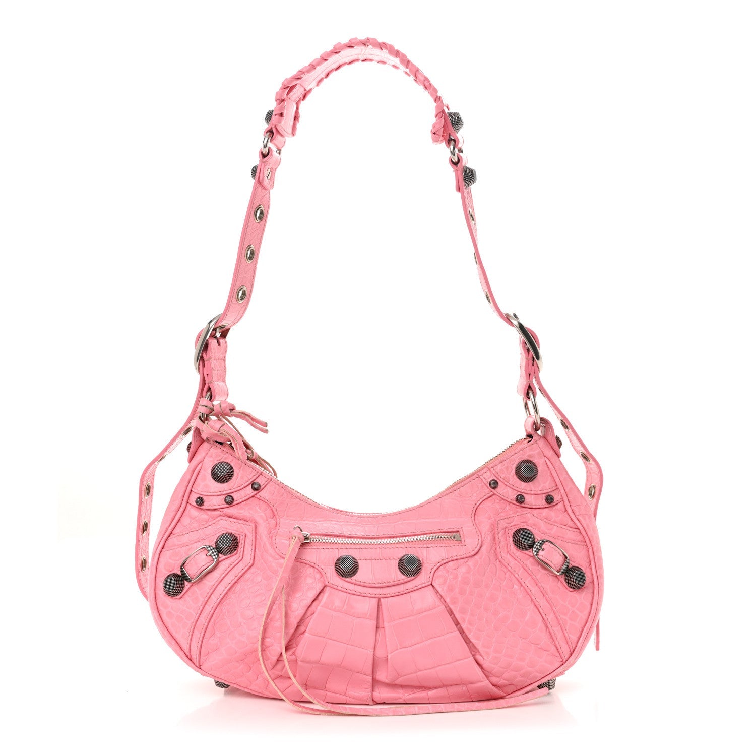 Extra Supple Calfskin Crocodile Embossed Small Le Cagole Shoulder Bag Sweet Pink
