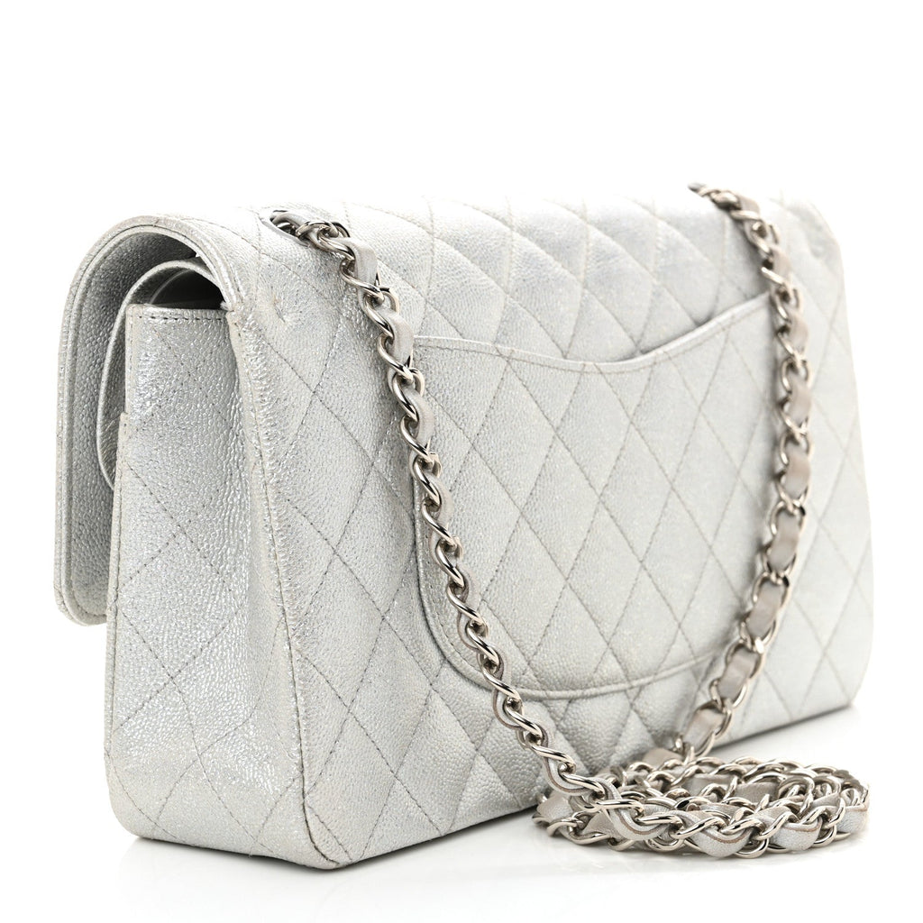 Glittered Metallic Caviar Quilted Medium Double Flap Silver