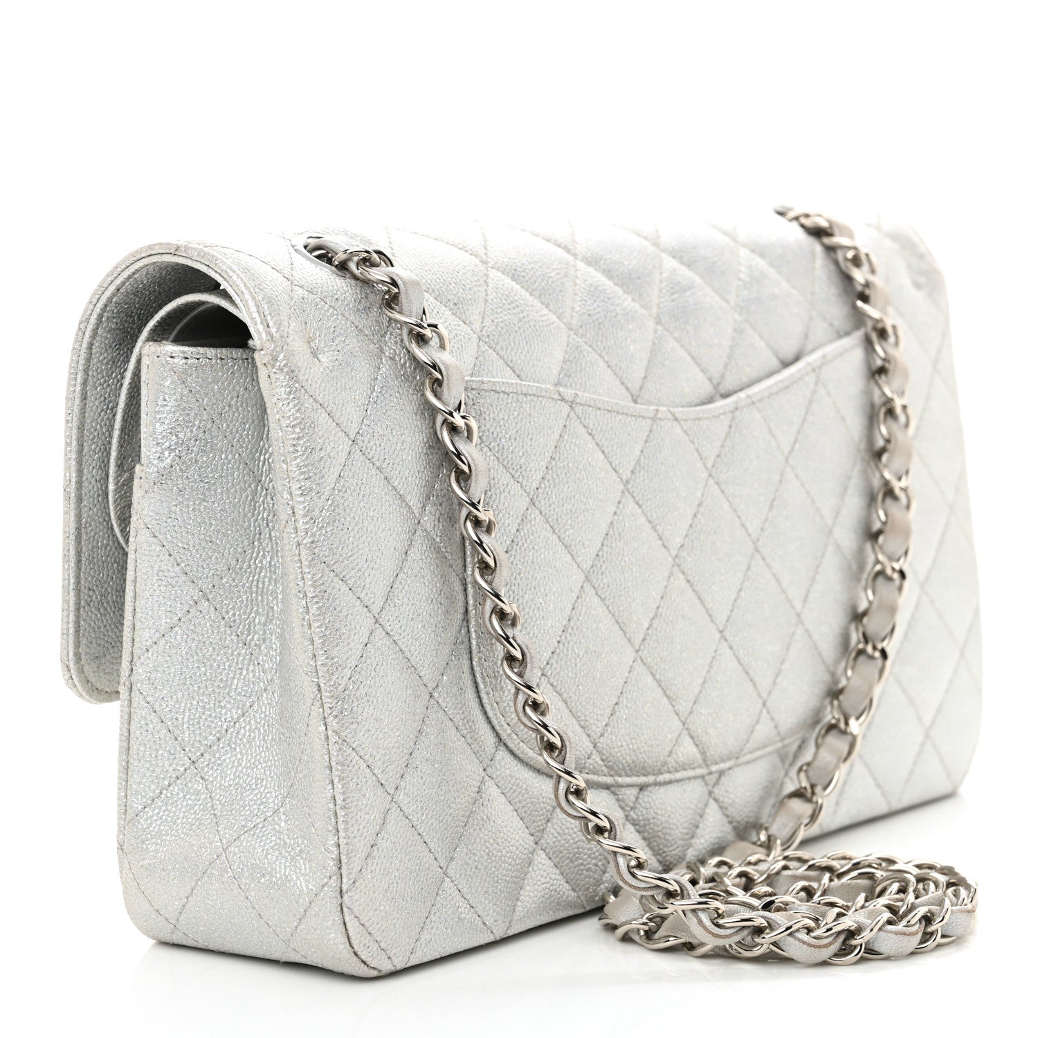 Glittered Metallic Caviar Quilted Medium Double Flap Silver