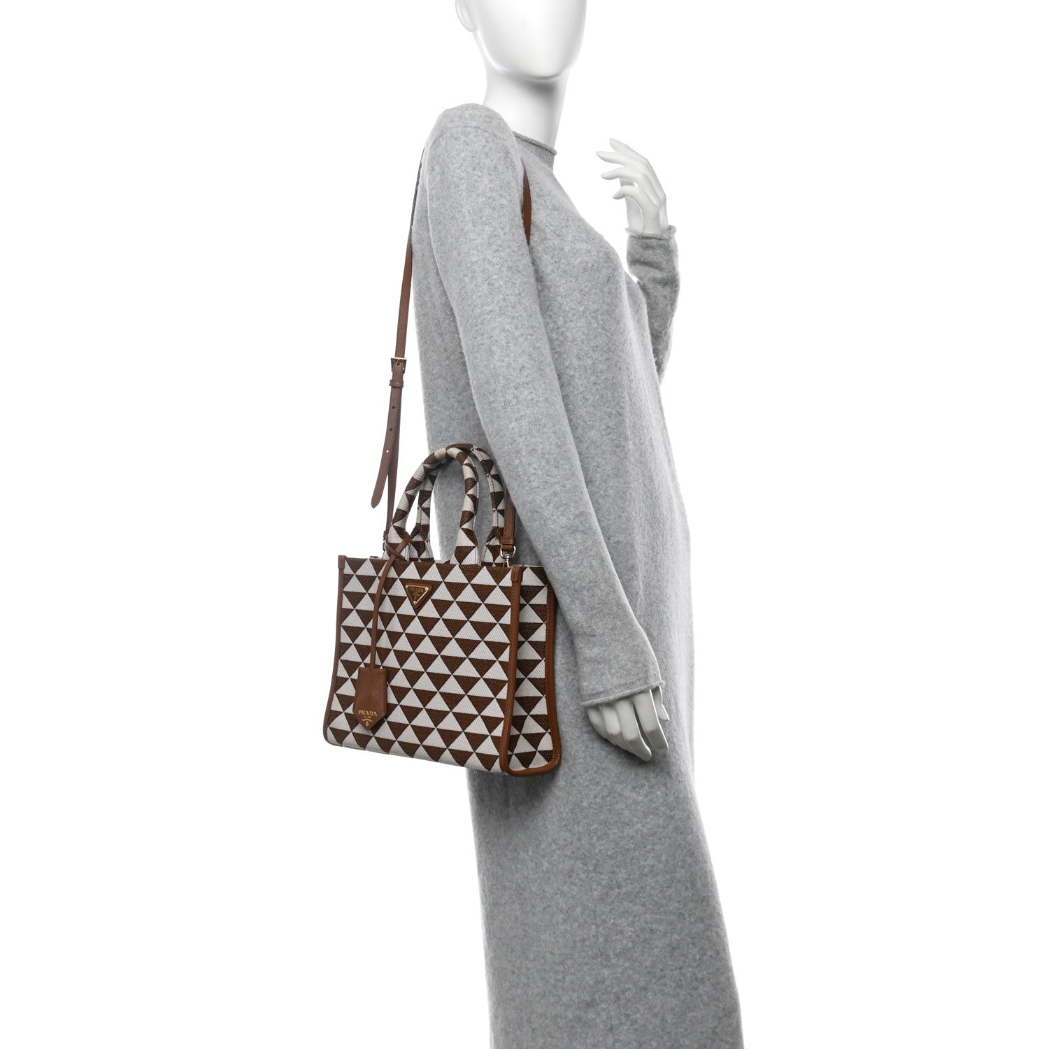 Jacquard Saffiano Triangolo Symbole Embroidered Small Tote Tobacco Talco