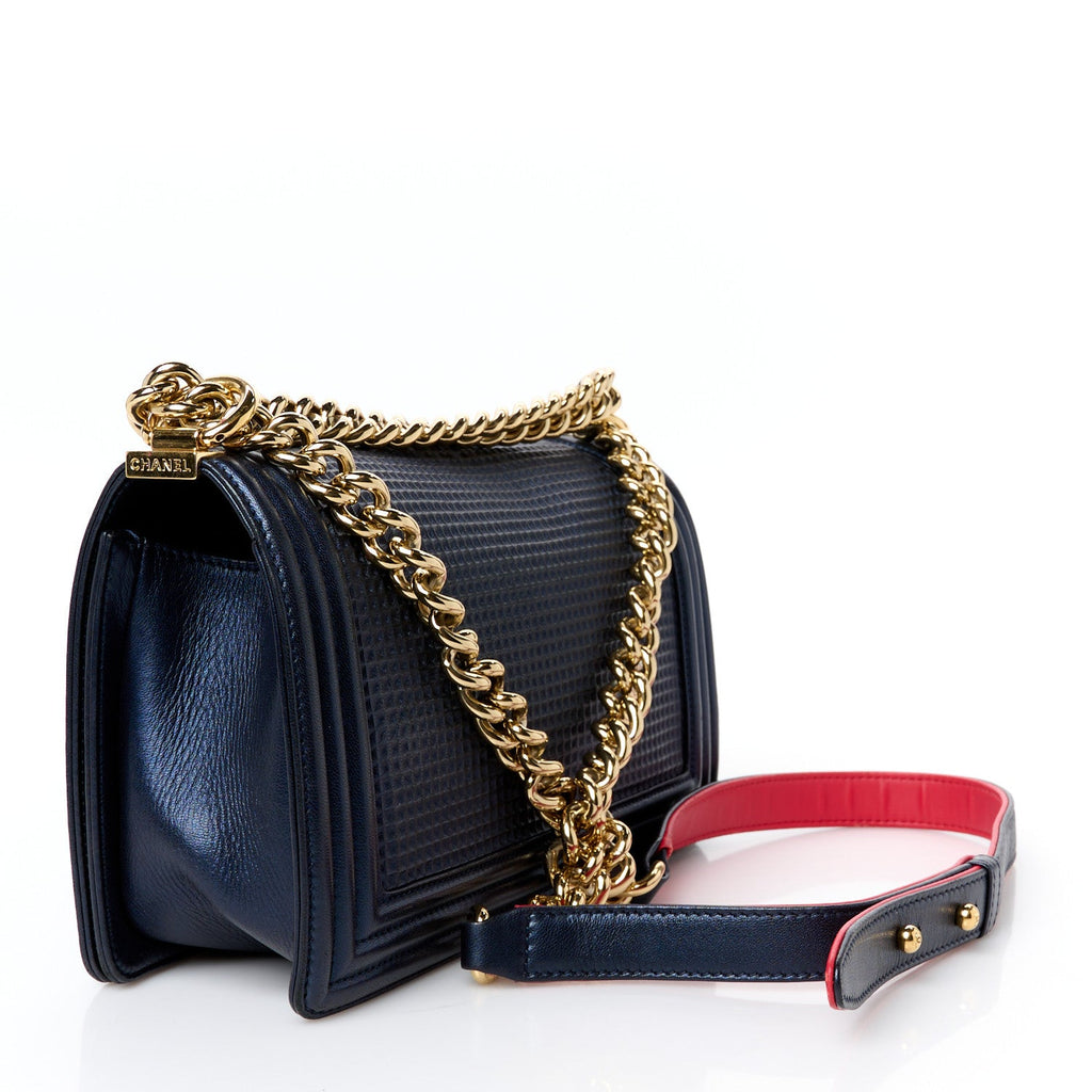 Lambskin Embossed Medium Boy Cube Flap Navy
