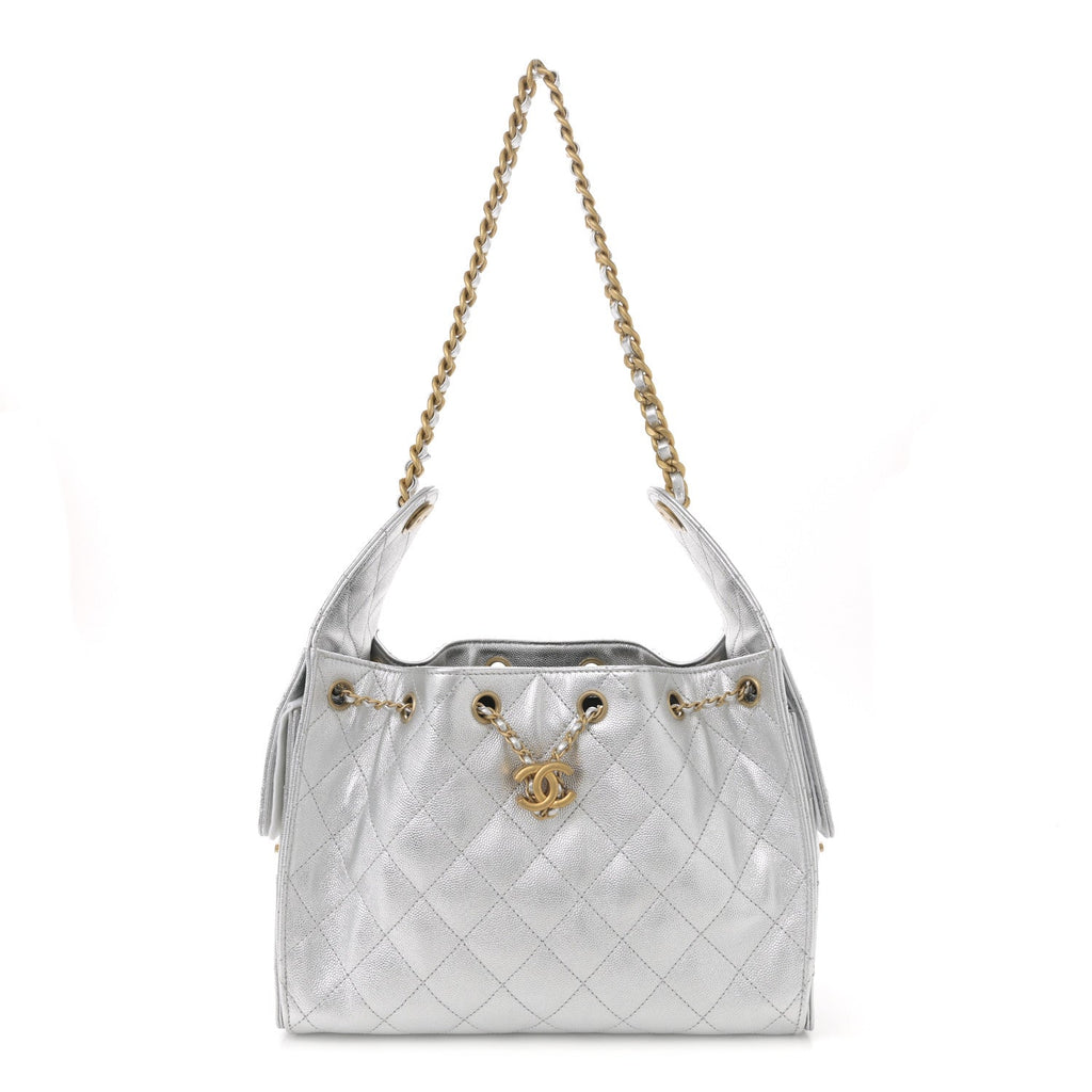 Metallic Caviar Quilted Small Chanel 25 Hobo Silver
