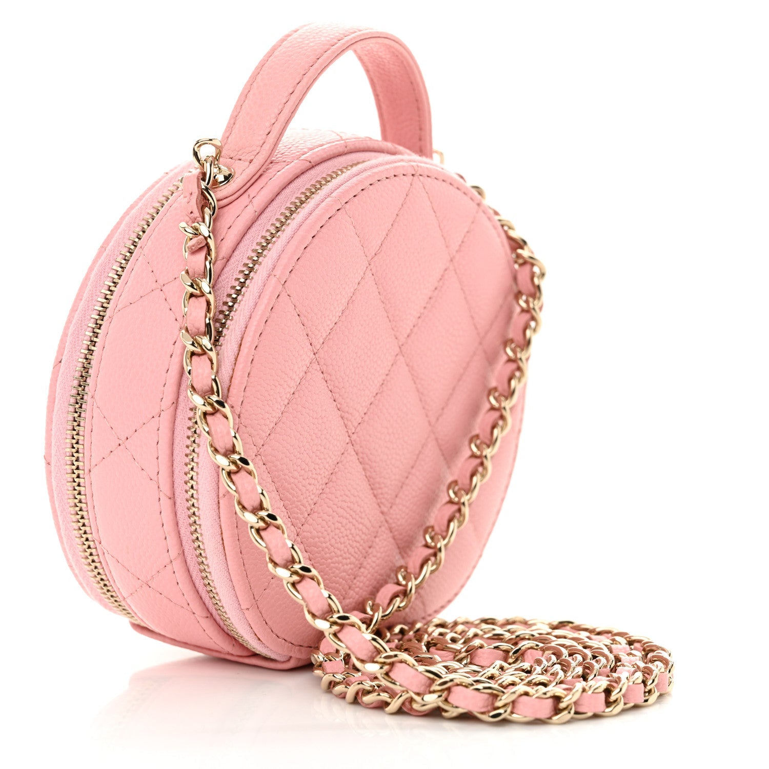 Caviar Quilted Round Handle With Care Vanity With Chain Pink