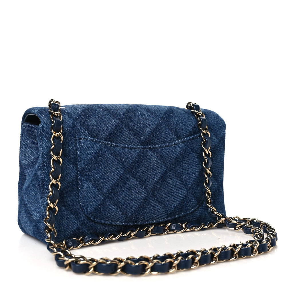 Printed Denim Quilted Mini Rectangular Flap Dark Blue