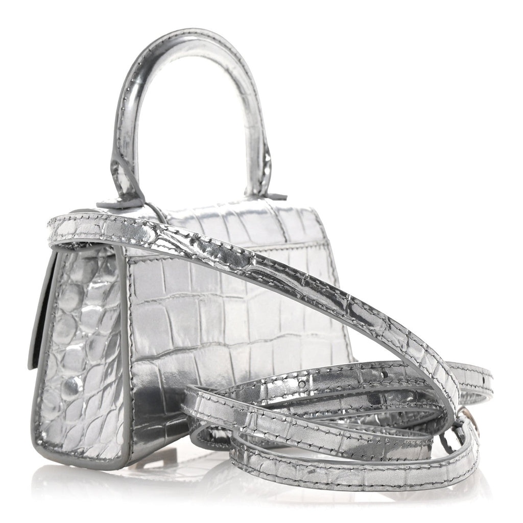 Metallic Calfskin Crocodile Embossed Hourglass Top Handle Bag Mini Silver