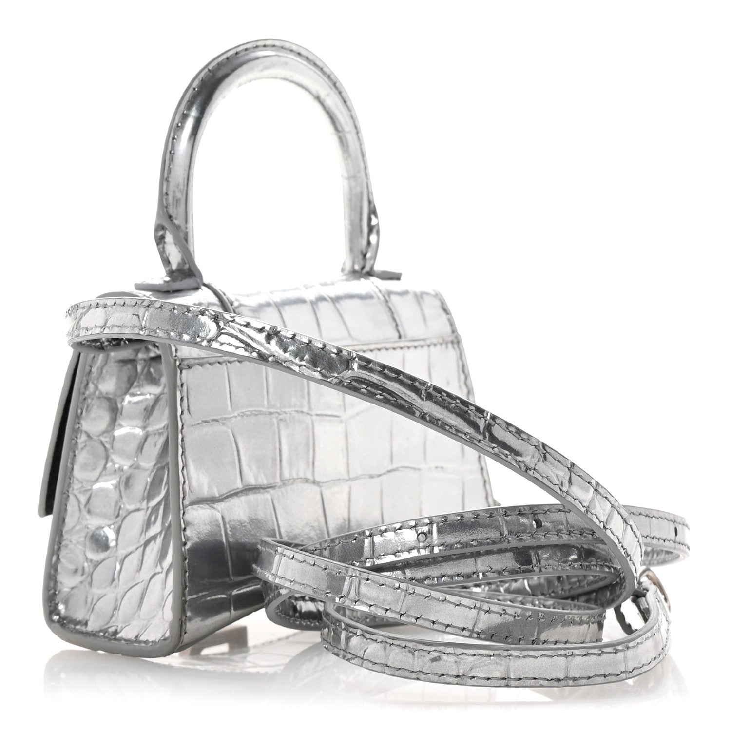 Metallic Calfskin Crocodile Embossed Hourglass Top Handle Bag Mini Silver