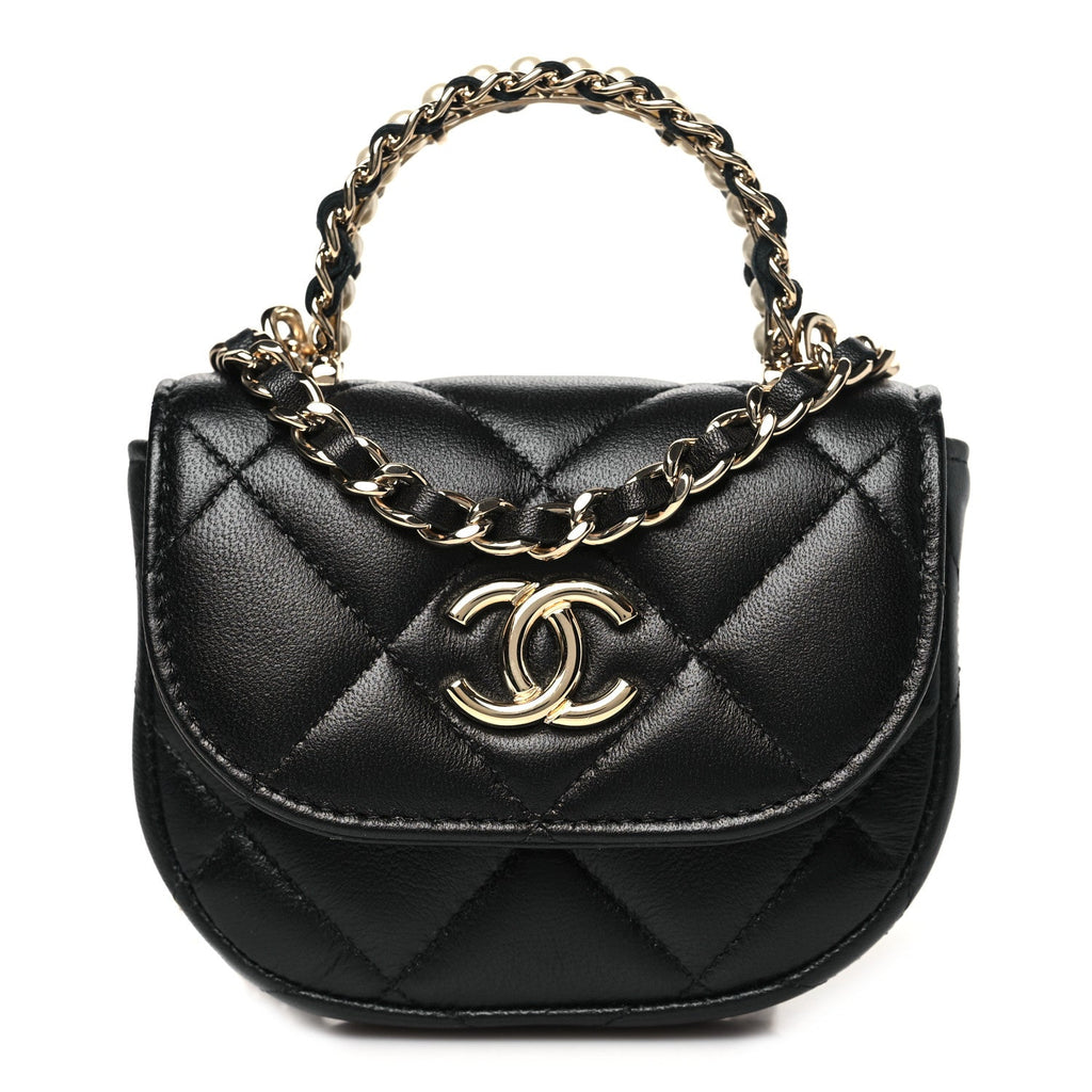 Lambskin Quilted Pearl Top Handle Clutch With Chain Black