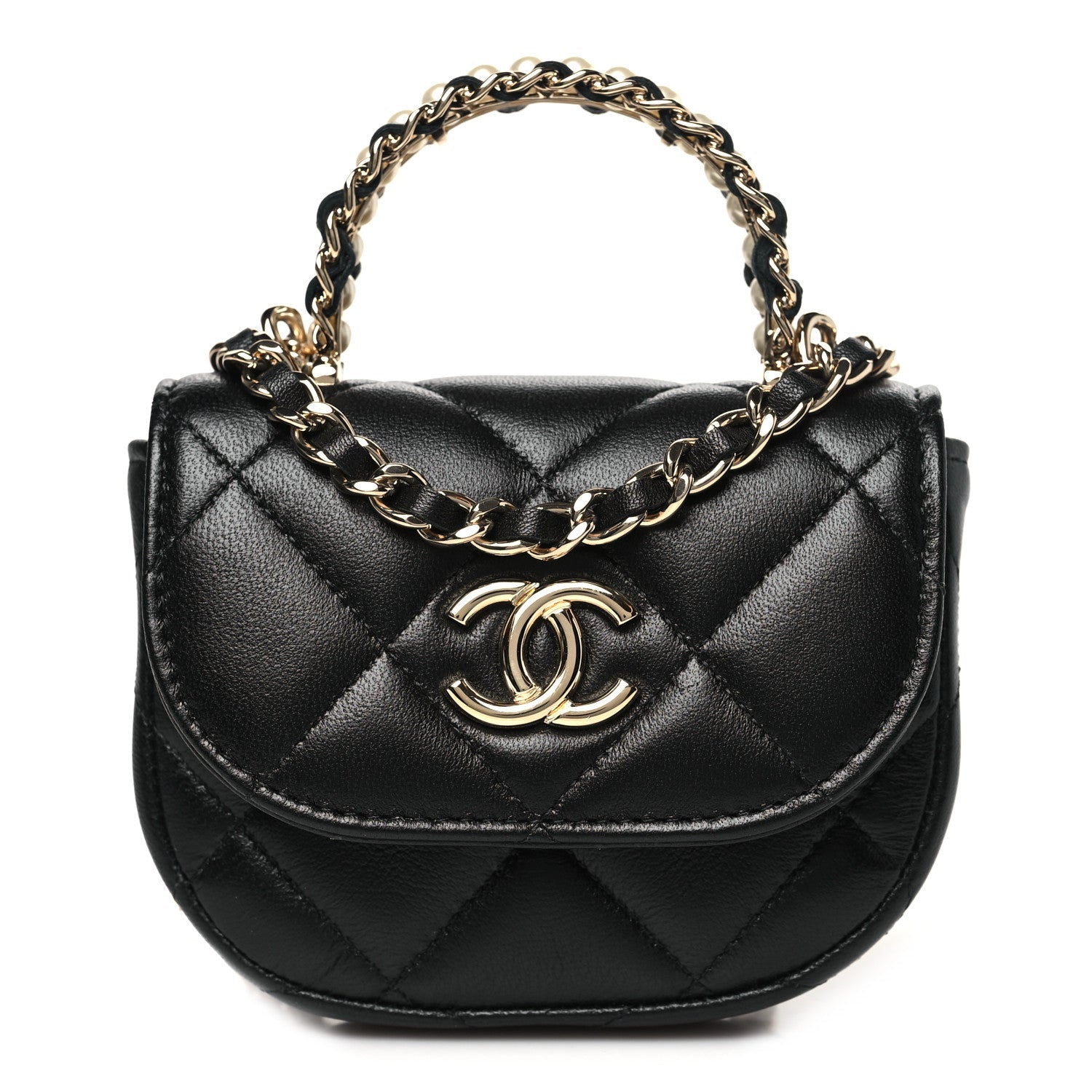 Lambskin Quilted Pearl Top Handle Clutch With Chain Black