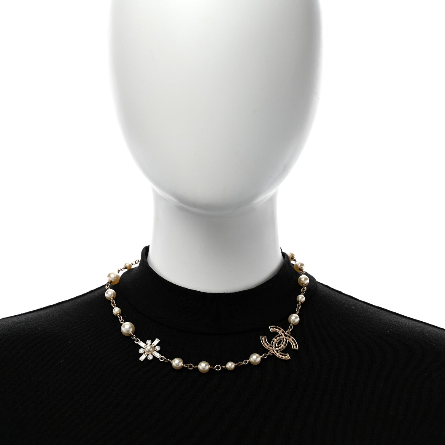 Crystal Baguette Pearl CC Cross Short Necklace Gold
