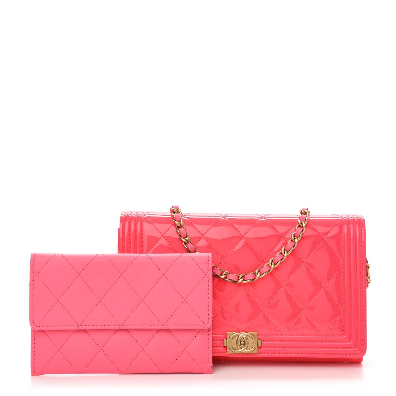 Patent Quilted Boy Wallet On Removable Chain WOC Pink