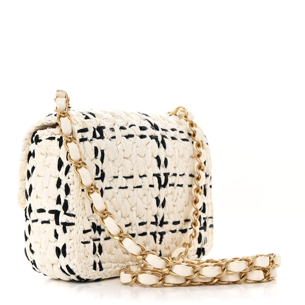 Raffia Effect Tweedy Mini Flap Bag White Black