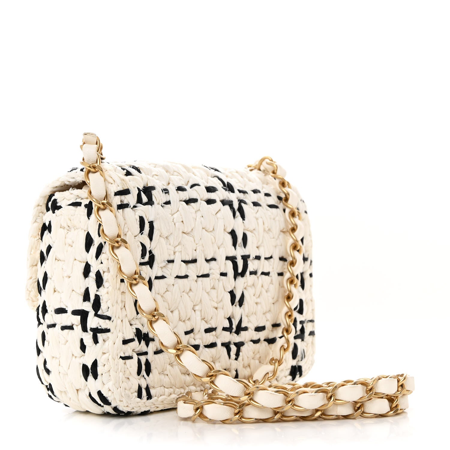 Raffia Effect Tweedy Mini Flap Bag White Black