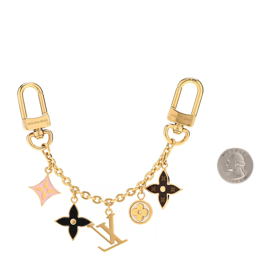 Brass Enamel Fleur De Monogram Bag Charm Chain Gold