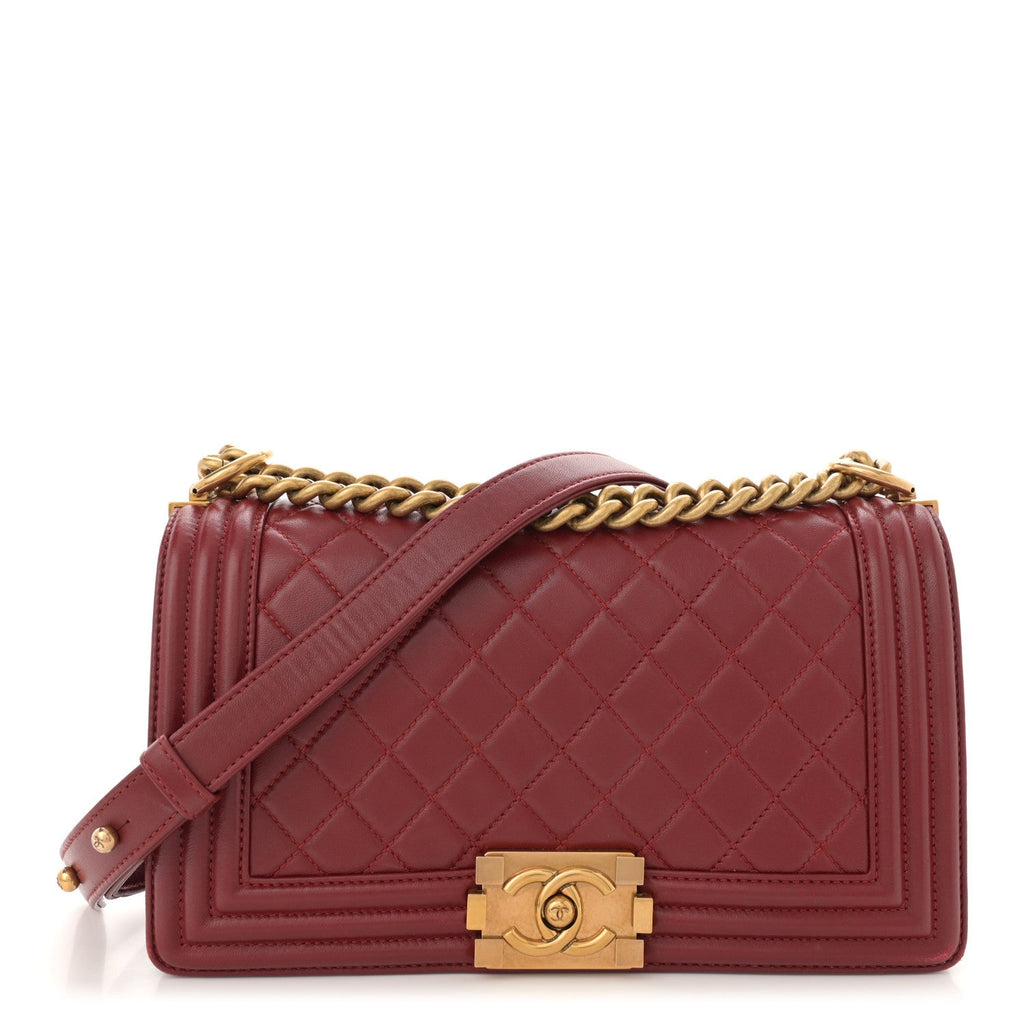 Lambskin Quilted Medium Boy Flap Dark Red