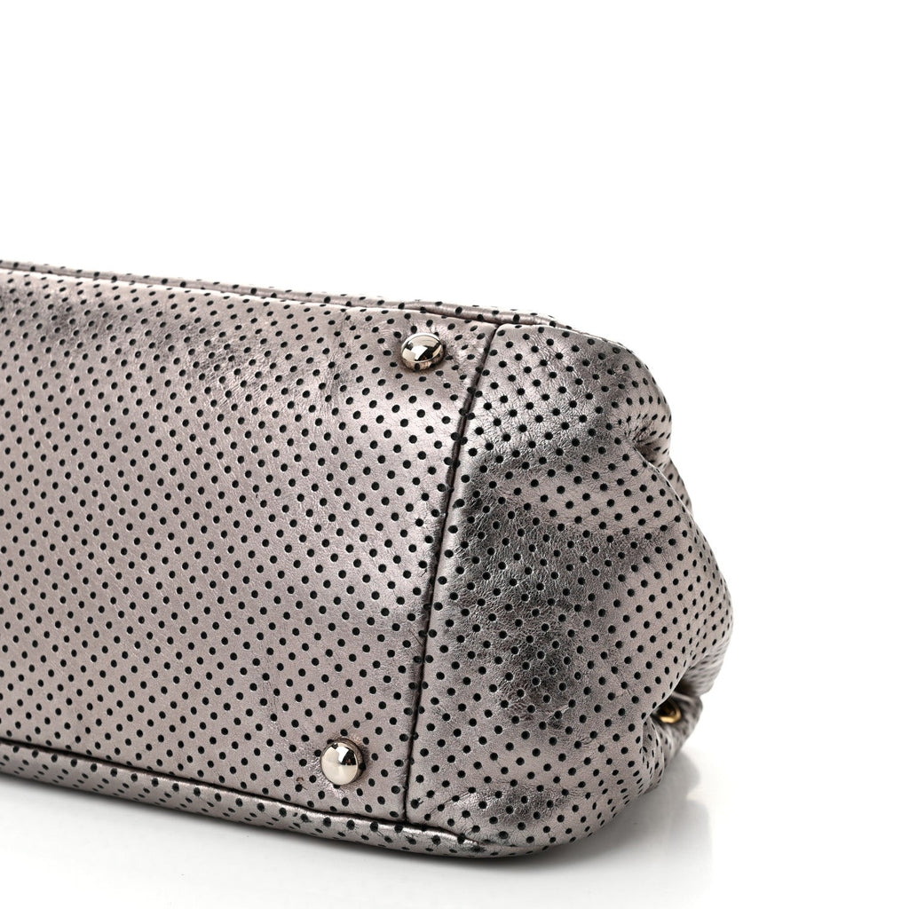 Metallic Crackled Calfskin Perforated Drill Shoulder Bag Silver