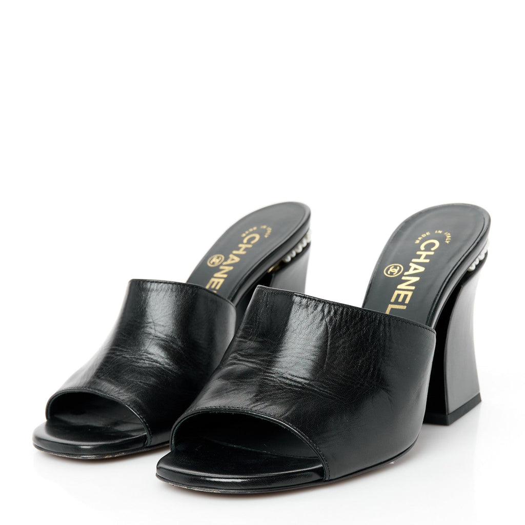 Shiny Goatskin Pearl Mule Sandals 38 Black