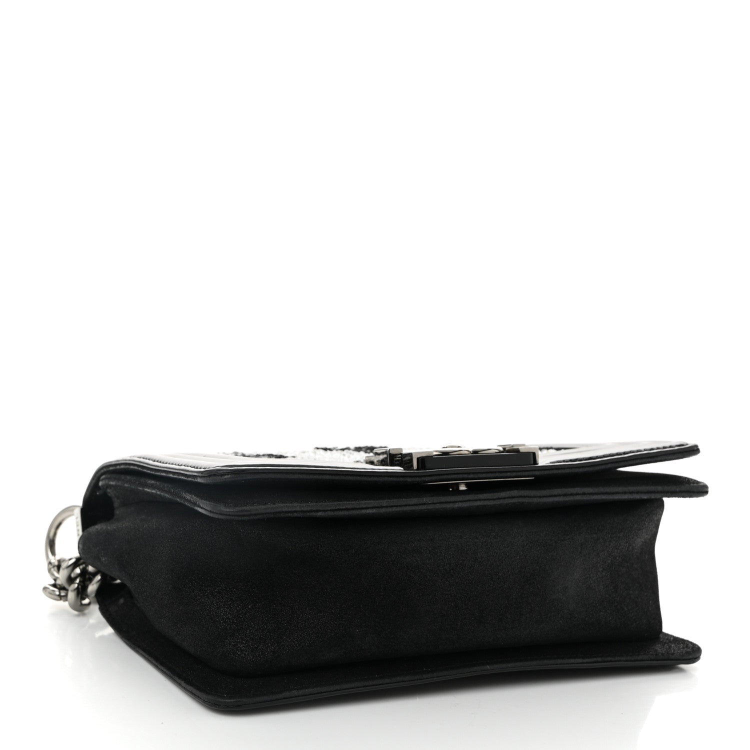 Patent Iridescent Calfskin Sequin Medium Boy Flap Bag Black