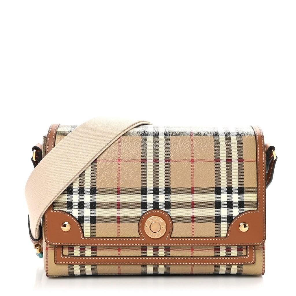 Coated Canvas Calfskin Vintage Check Medium Note Crossbody Bag Briar Brown