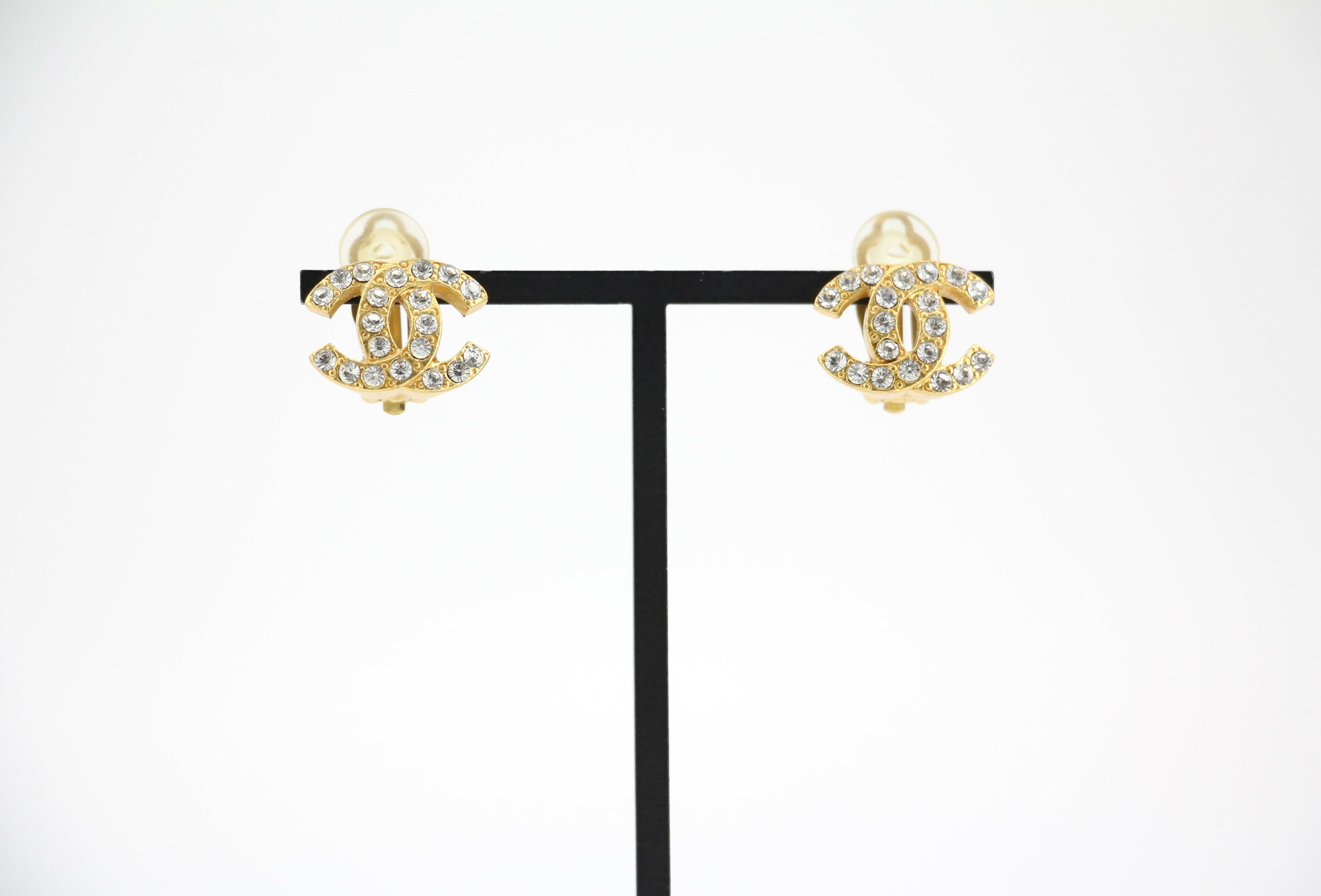 Chanel Vintage 02A Rhinestone Gold-plated CC Mark Clip-on Earrings