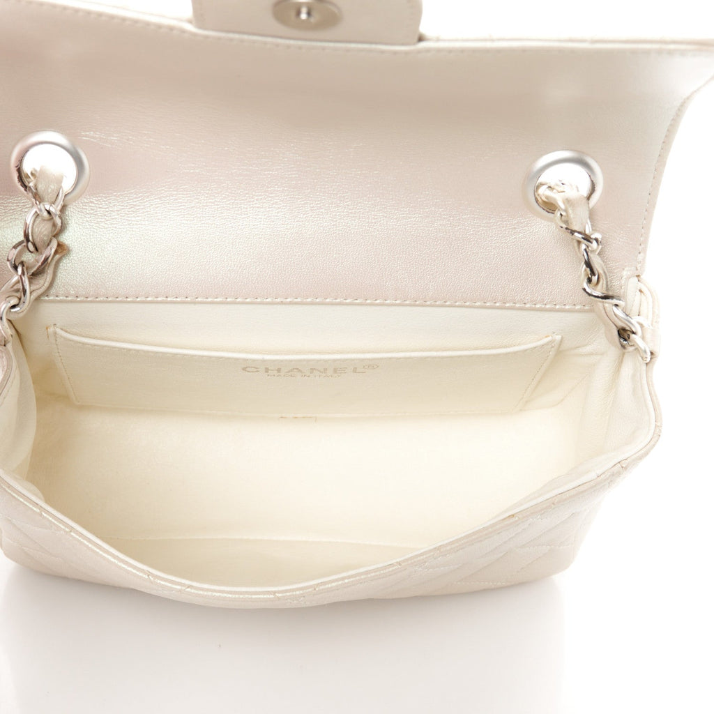 Iridescent Lambskin Quilted Mini Rectangular Flap Ivory