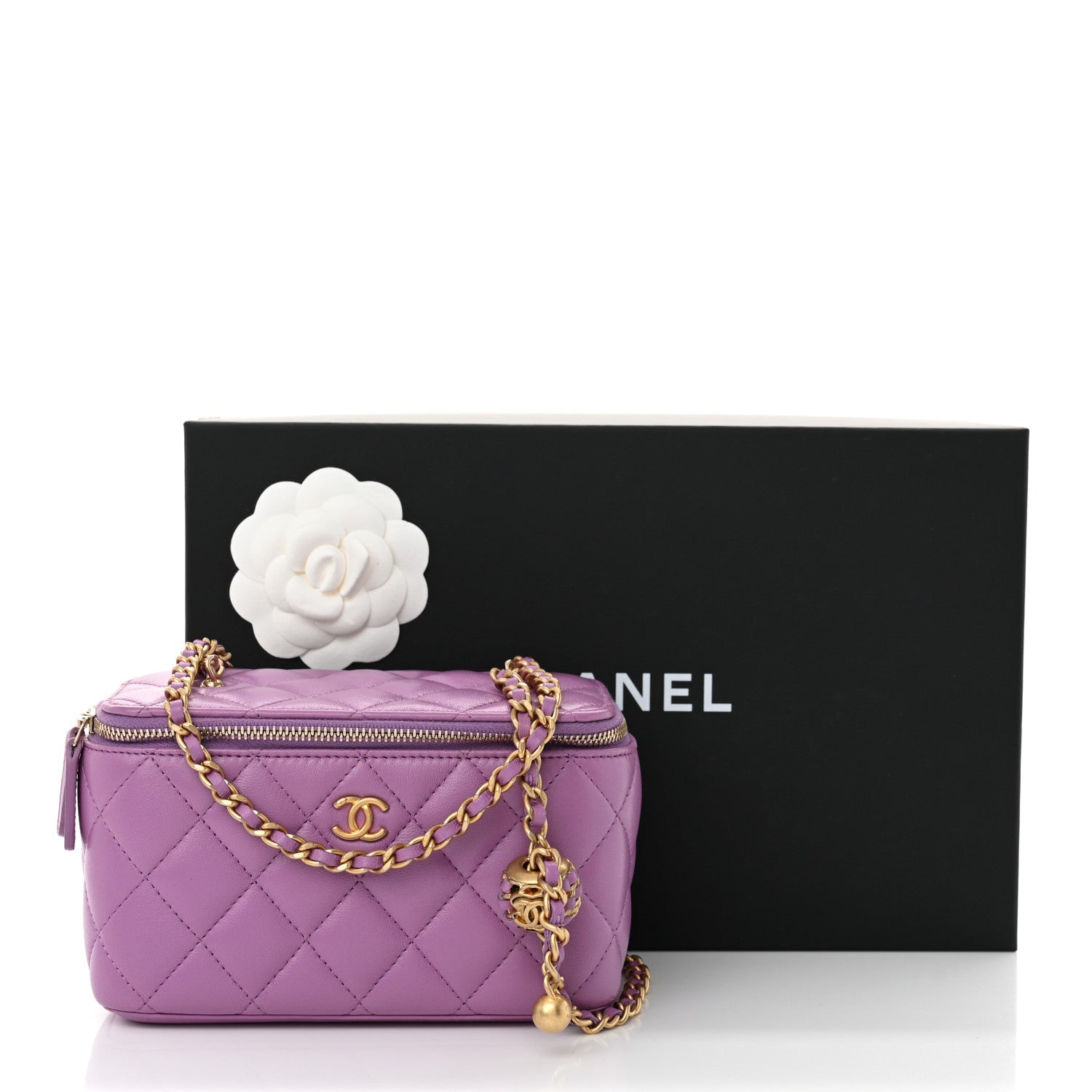 Lambskin Quilted Pearl Crush Small Vanity Case With Chain Purple