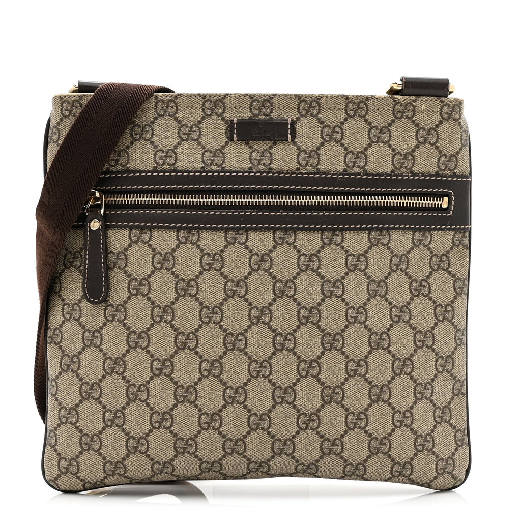 GG Supreme Monogram Selleria Calfskin Small Flat Side Zip Messenger Bag Beige Ebony Cocoa Dark Chocolate