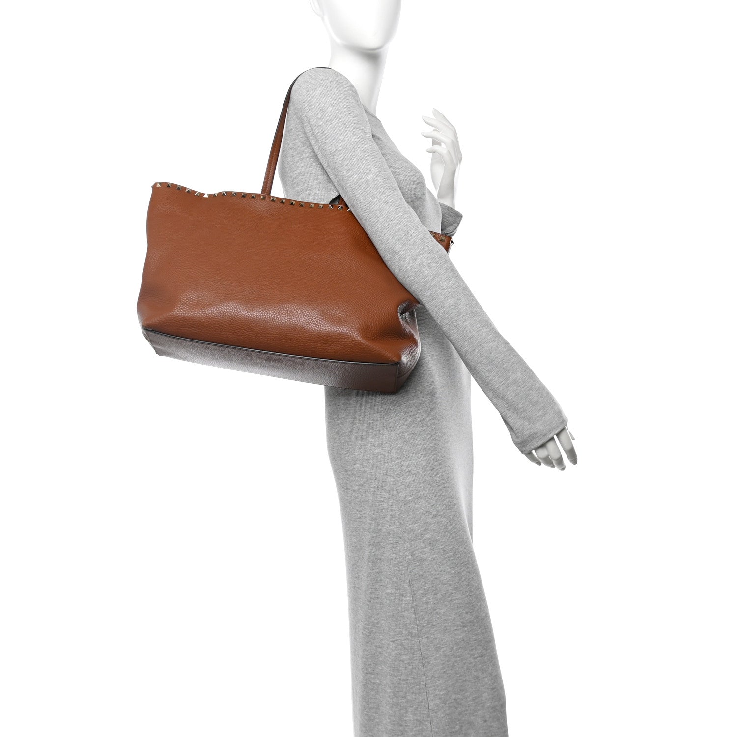 Grained Calfskin Rockstud Shoulder Tote Bright Cognac