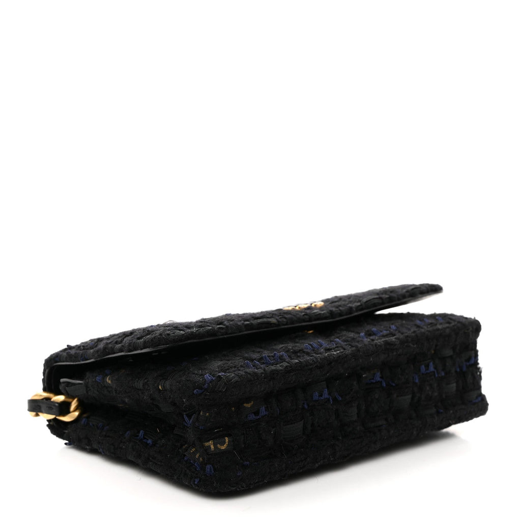 Tweed Quilted Chanel 19 Wallet On Chain WOC Black Navy Gold