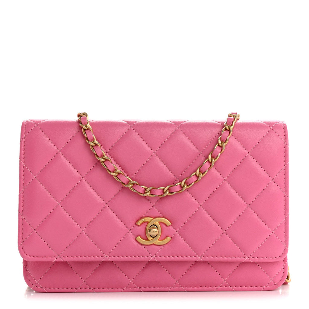 Lambskin Quilted CC Pearl Crush Wallet on Chain WOC Pink