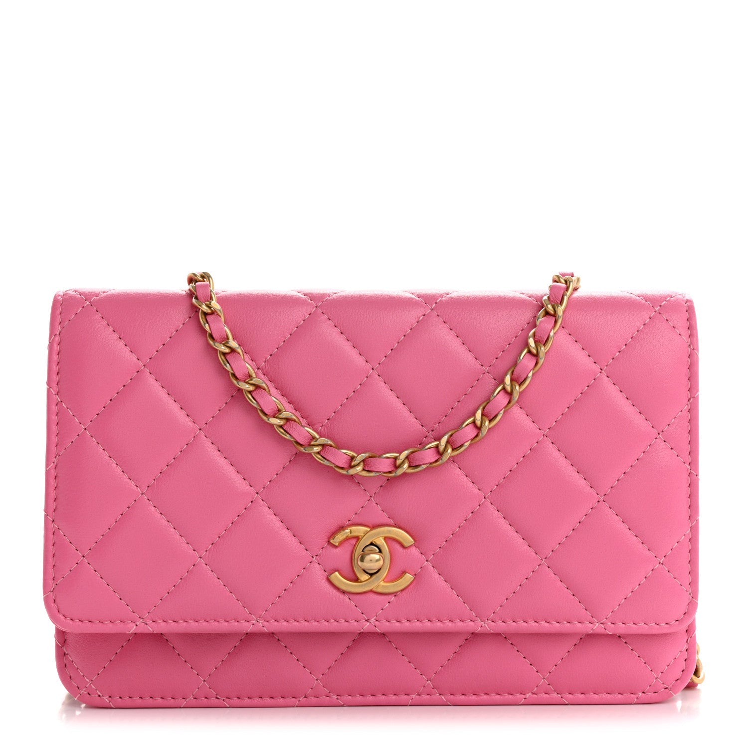 Lambskin Quilted CC Pearl Crush Wallet on Chain WOC Pink