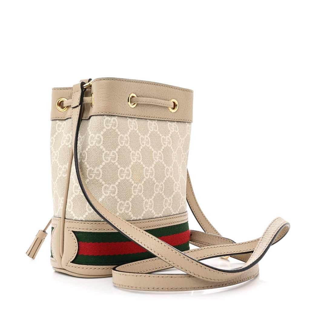GG Supreme Monogram Textured Calfskin Web Mini Ophidia Bucket Bag Beige Mystic White Oatmeal