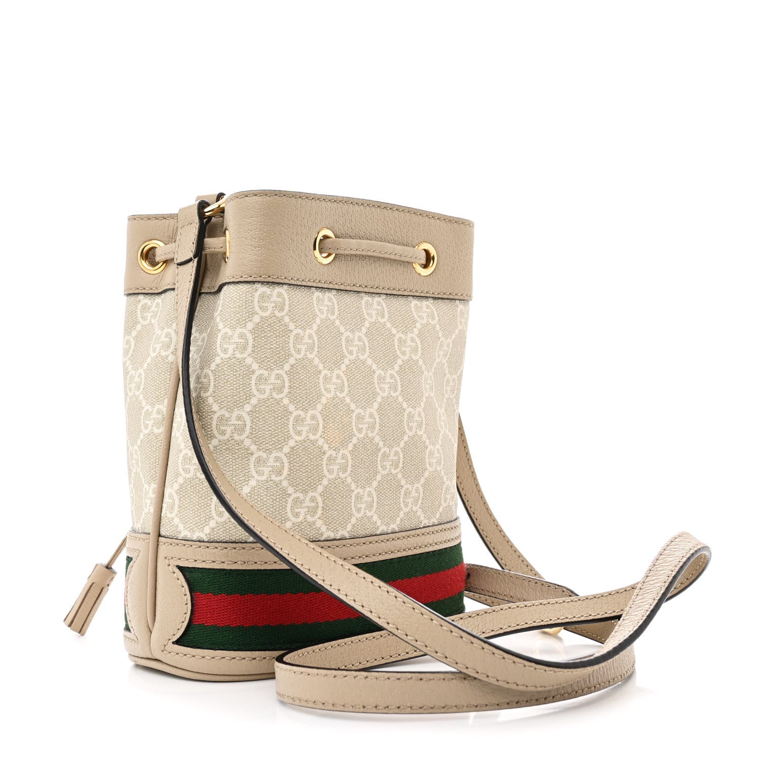 GG Supreme Monogram Textured Calfskin Web Mini Ophidia Bucket Bag Beige Mystic White Oatmeal